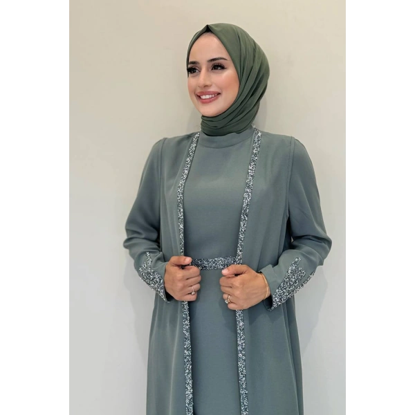Taş İşleme Detaylı Yelekli Elbise Takım 3838 Mint