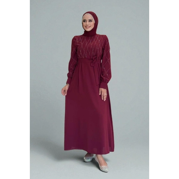 Taş İşlemeli Kuşaklı Elbise 3830 Bordo