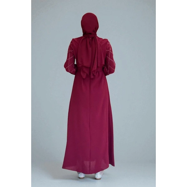 Taş İşlemeli Kuşaklı Elbise 3830 Bordo