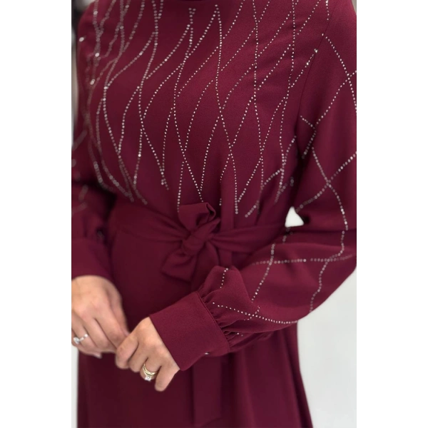 Taş İşlemeli Kuşaklı Elbise 3830 Bordo