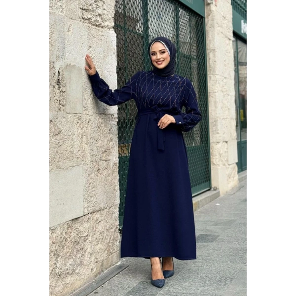 Taş İşlemeli Kuşaklı Elbise 3830 Lacivert