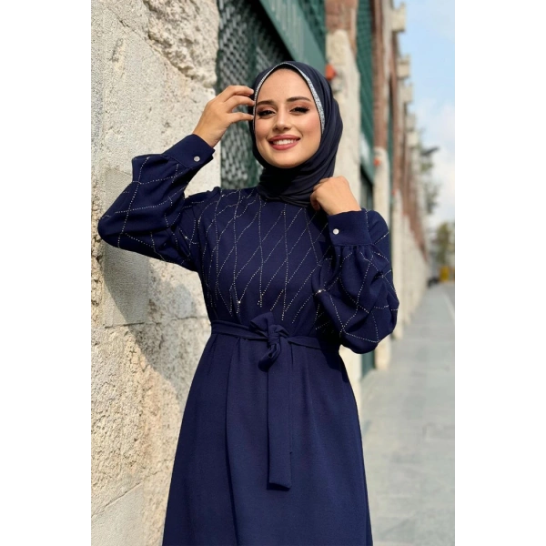 Taş İşlemeli Kuşaklı Elbise 3830 Lacivert