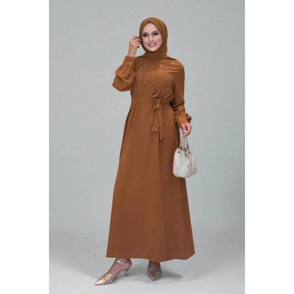 Taş İşlemeli Kuşaklı Elbise 3830 Taba