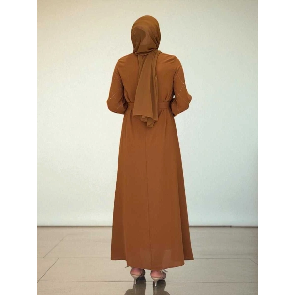 Taş İşlemeli Kuşaklı Elbise 3830 Taba