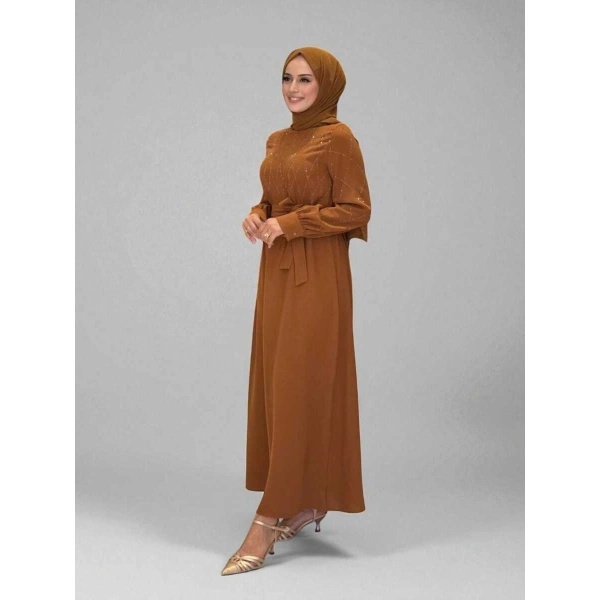 Taş İşlemeli Kuşaklı Elbise 3830 Taba