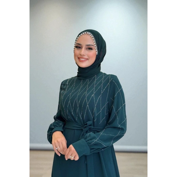 Taş İşlemeli Kuşaklı Elbise 3830 Zümrüt