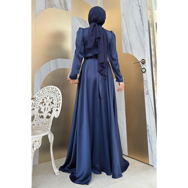 Taşlı Kemer Akseuarlı Saten Abiye Elbise 3863 Lacivert