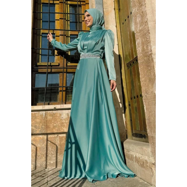 Taşlı Kemer Akseuarlı Saten Abiye Elbise 3863 Mint