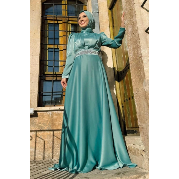 Taşlı Kemer Akseuarlı Saten Abiye Elbise 3863 Mint