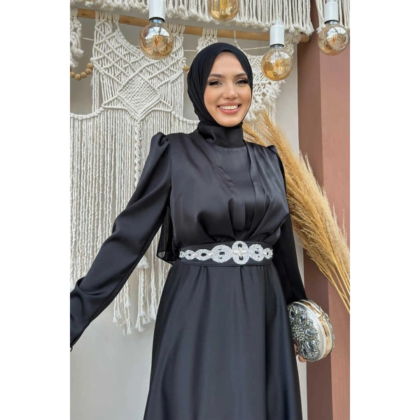 Taşlı Kemer Akseuarlı Saten Abiye Elbise 3863 Siyah