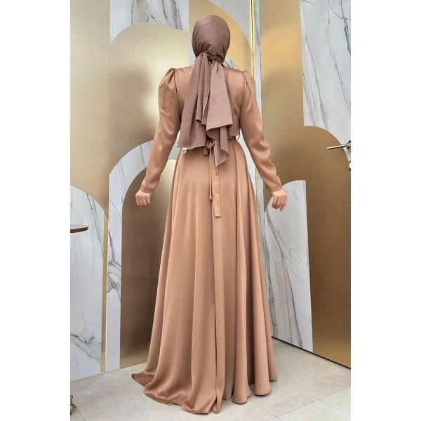 Taşlı Kemer Akseuarlı Saten Abiye Elbise 3863 Taba