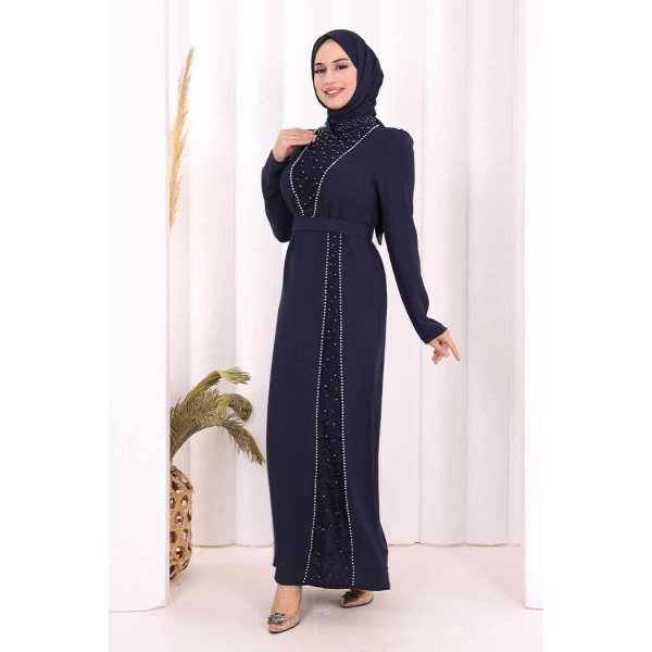 Taşlı Krep Dantel Elbise 3870 Lacivert
