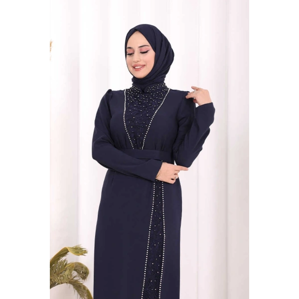 Taşlı Krep Dantel Elbise 3870 Lacivert