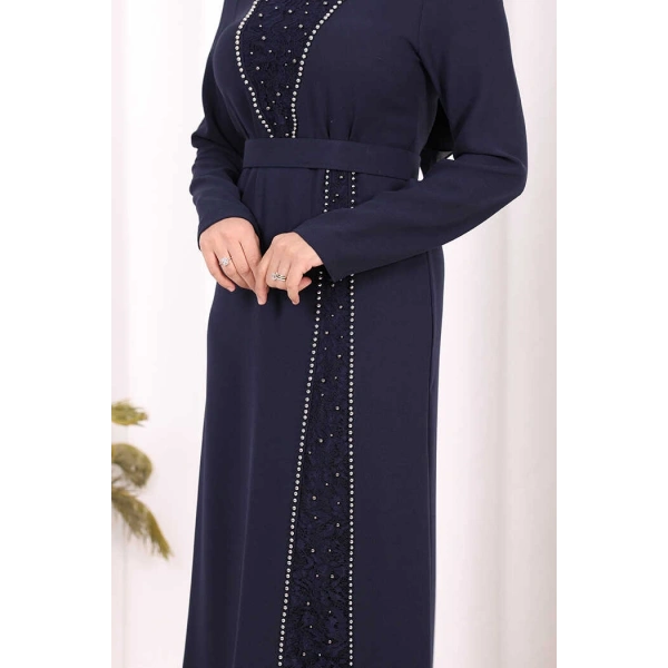 Taşlı Krep Dantel Elbise 3870 Lacivert