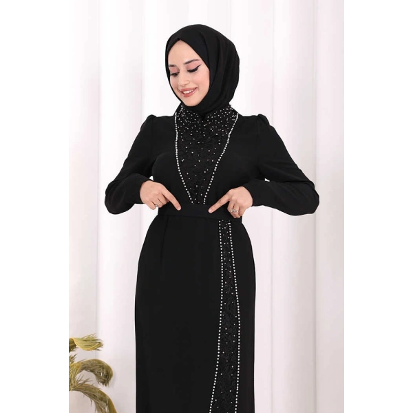 Taşlı Krep Dantel Elbise 3870 Siyah