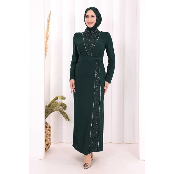 Taşlı Krep Dantel Elbise 3870 Zümrüt