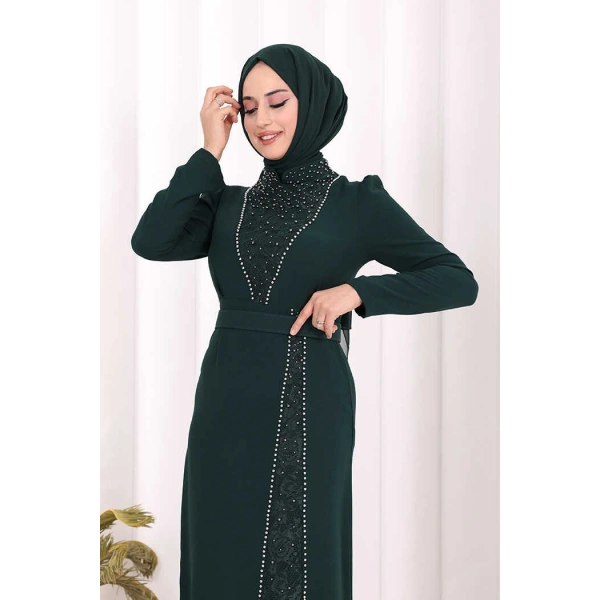 Taşlı Krep Dantel Elbise 3870 Zümrüt