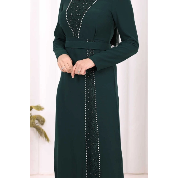 Taşlı Krep Dantel Elbise 3870 Zümrüt