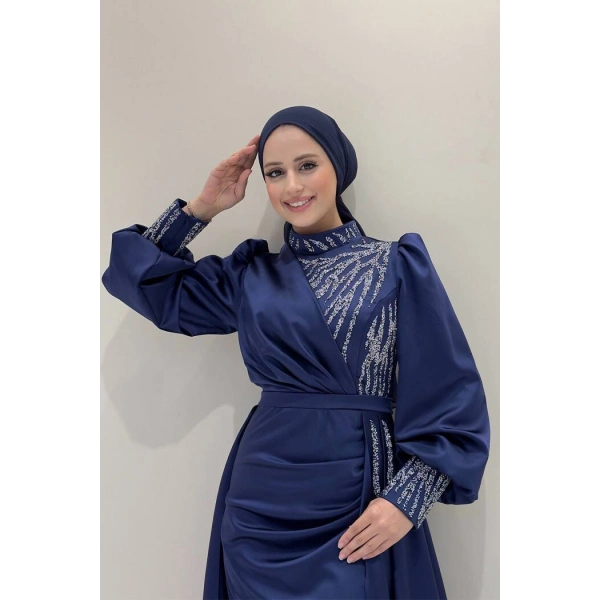 Taşlı Kuyruk Detay Abiye Elbise 7044 Lacivert