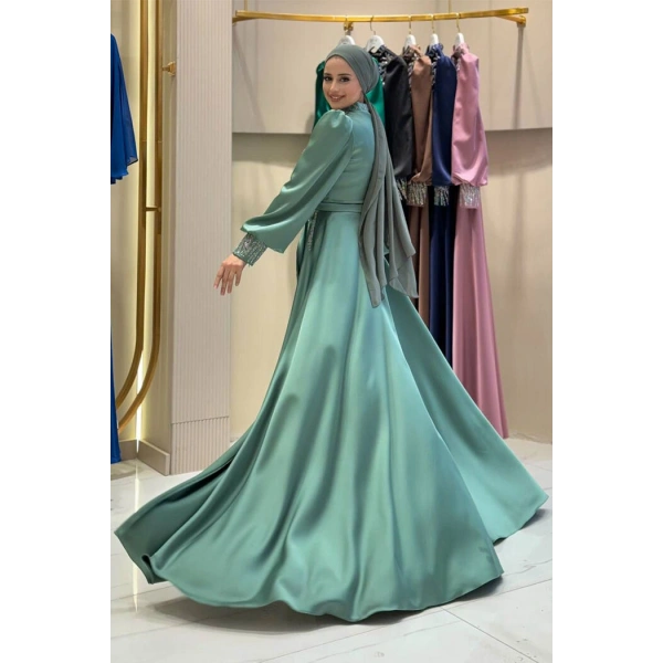 Taşlı Kuyruk Detay Abiye Elbise 7044 Mint