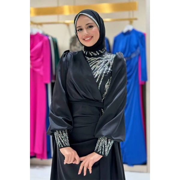 Taşlı Kuyruk Detay Abiye Elbise 7044 Siyah