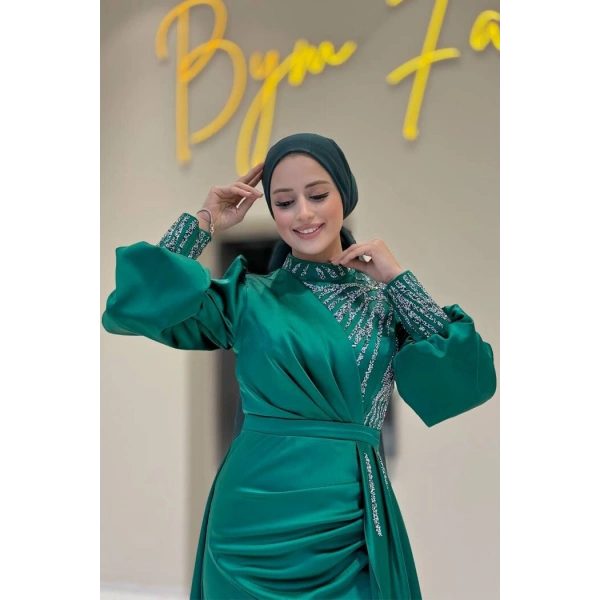 Taşlı Kuyruk Detay Abiye Elbise 7044 Zümrüt