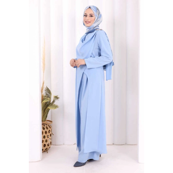 Tek Omuz Gold Toka Detaylı Tunik Pantolon Takım 8698 Bebe Mavisi
