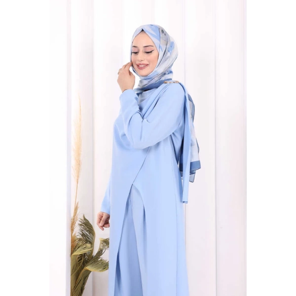 Tek Omuz Gold Toka Detaylı Tunik Pantolon Takım 8698 Bebe Mavisi