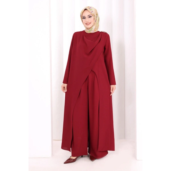 Tek Omuz Gold Toka Detaylı Tunik Pantolon Takım 8698 Bordo