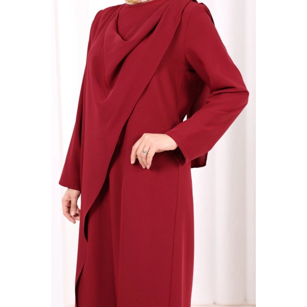 Tek Omuz Gold Toka Detaylı Tunik Pantolon Takım 8698 Bordo