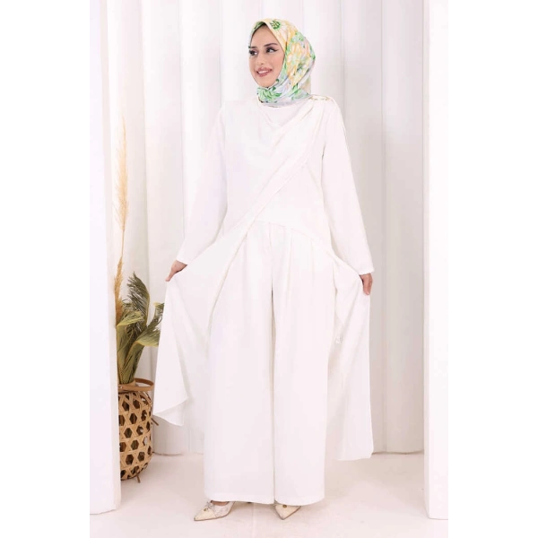 Tek Omuz Gold Toka Detaylı Tunik Pantolon Takım 8698 Ekru