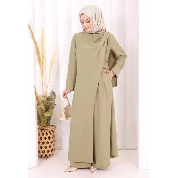Tek Omuz Gold Toka Detaylı Tunik Pantolon Takım 8698 Haki