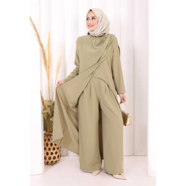 Tek Omuz Gold Toka Detaylı Tunik Pantolon Takım 8698 Haki