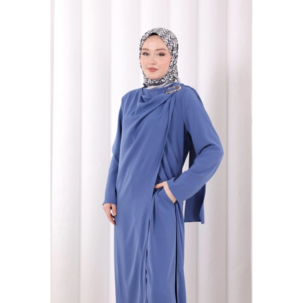 Tek Omuz Gold Toka Detaylı Tunik Pantolon Takım 8698 İndigo