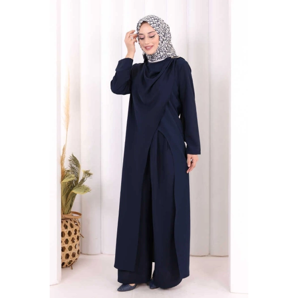 Tek Omuz Gold Toka Detaylı Tunik Pantolon Takım 8698 Lacivert