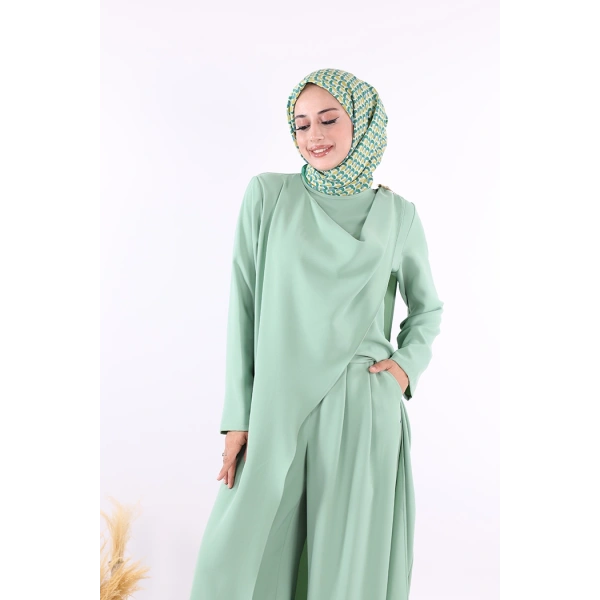 Tek Omuz Gold Toka Detaylı Tunik Pantolon Takım 8698 Mint