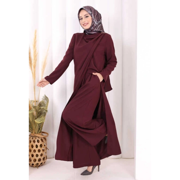 Tek Omuz Gold Toka Detaylı Tunik Pantolon Takım 8698 Mürdüm