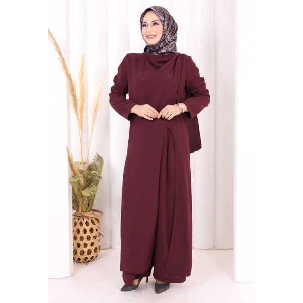 Tek Omuz Gold Toka Detaylı Tunik Pantolon Takım 8698 Mürdüm
