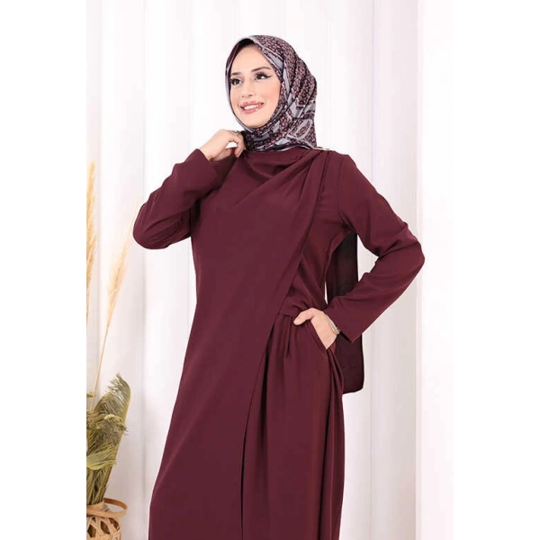 Tek Omuz Gold Toka Detaylı Tunik Pantolon Takım 8698 Mürdüm