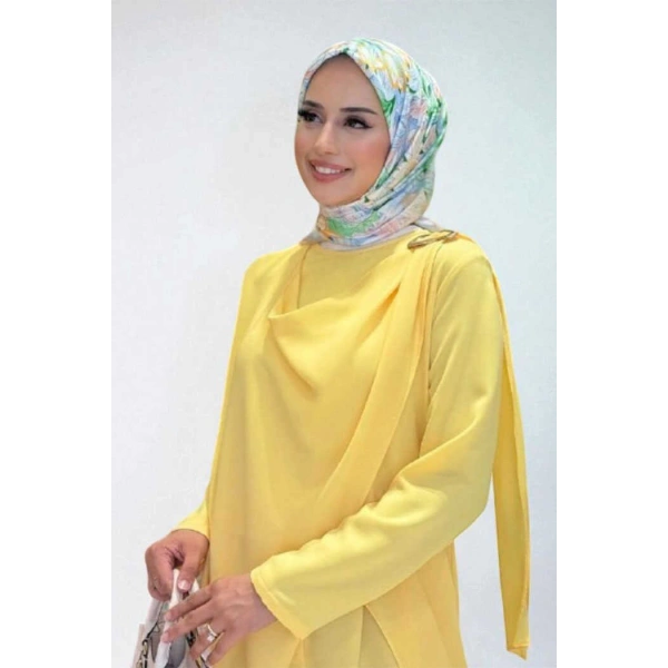 Tek Omuz Gold Toka Detaylı Tunik Pantolon Takım 8698 Sarı