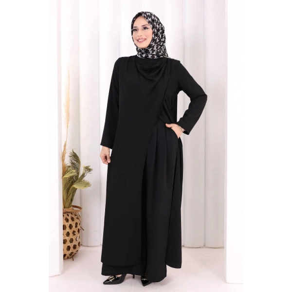 Tek Omuz Gold Toka Detaylı Tunik Pantolon Takım 8698 Siyah