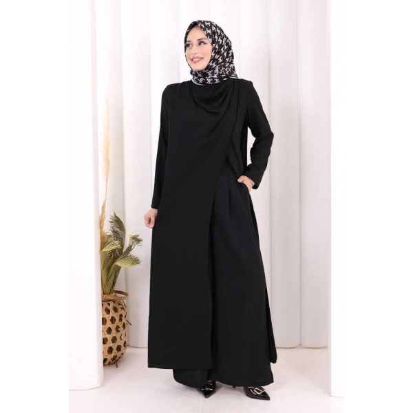 Tek Omuz Gold Toka Detaylı Tunik Pantolon Takım 8698 Siyah