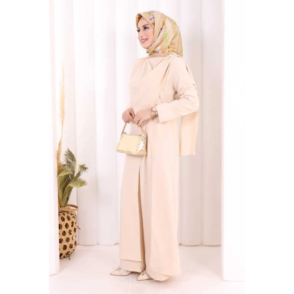 Tek Omuz Gold Toka Detaylı Tunik Pantolon Takım 8698 Taş