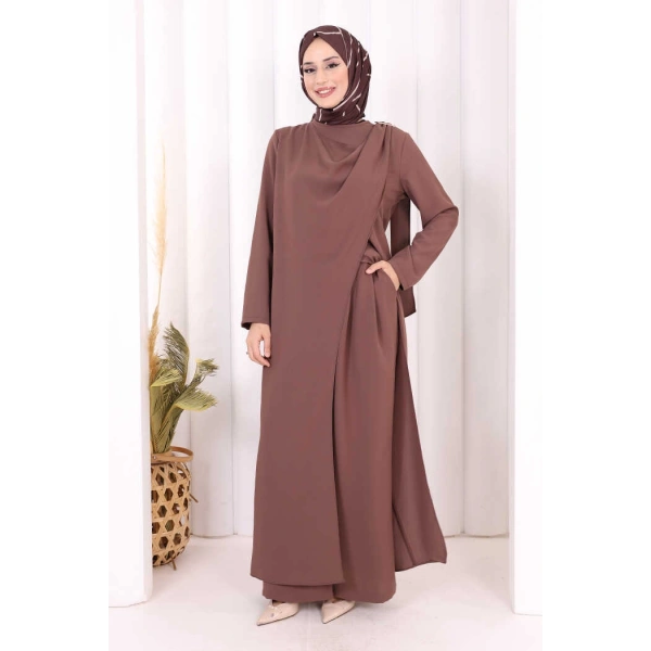 Tek Omuz Gold Toka Detaylı Tunik Pantolon Takım 8698 Vizon