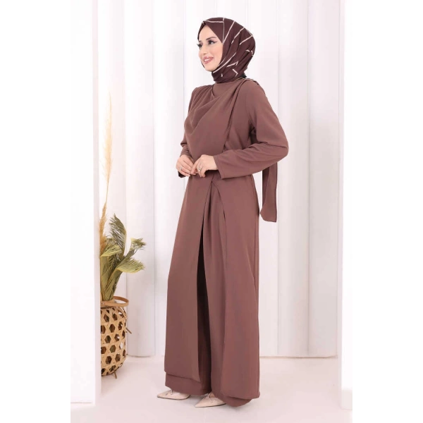 Tek Omuz Gold Toka Detaylı Tunik Pantolon Takım 8698 Vizon