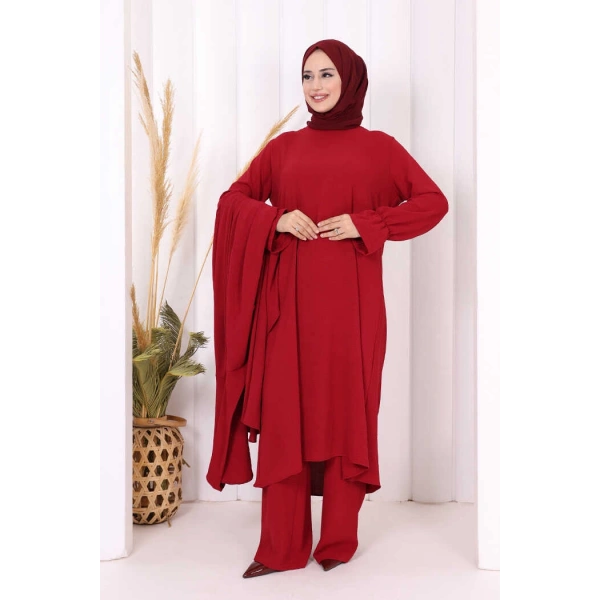 Tunik, Pantolon ve Abaya Üçlü Takım 8663 Bordo