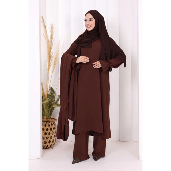 Tunik, Pantolon ve Abaya Üçlü Takım 8663 Kahverengi