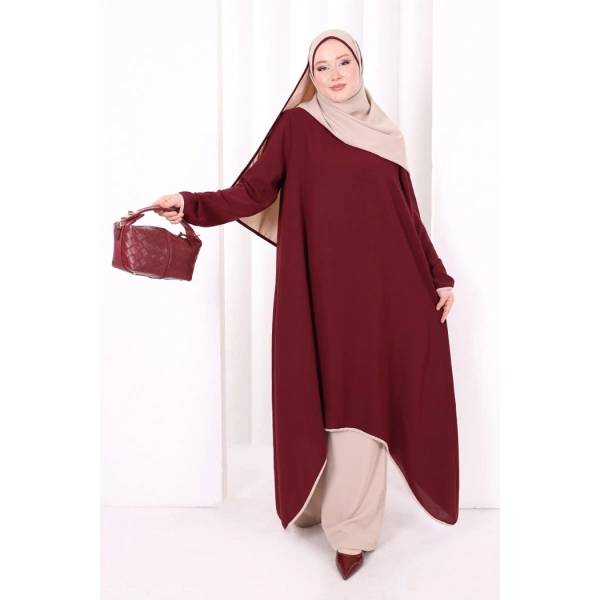 Tunik Şal ve Pantolon Üçlü Takım 8030 Bordo