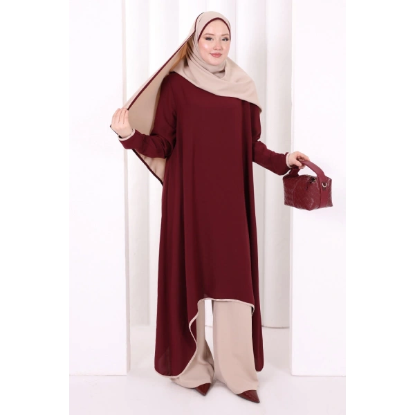 Tunik Şal ve Pantolon Üçlü Takım 8030 Bordo
