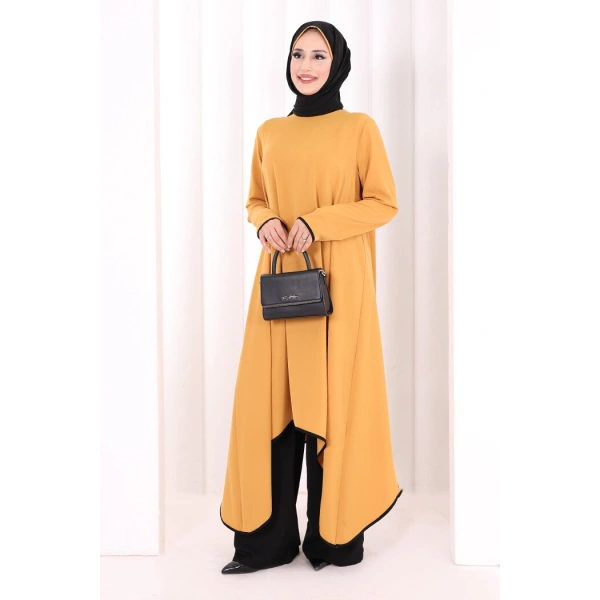 Tunik Şal ve Pantolon Üçlü Takım 8030 Hardal-Siyah